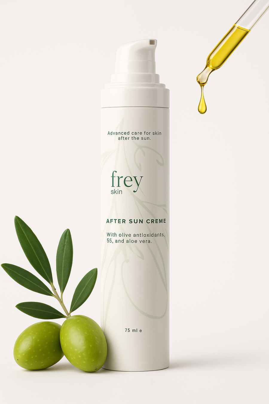 Frey skincare after sun crème bottle with olive leaves and a dropper on a white background